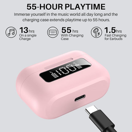 TOZO NC3 kõrvasisesed kõrvaklapid, juhtmevabad Bluetooth 5.3 hübriidse aktiivse mürasummutusega, 6 mikrofoni selgete kõnede jaoks, LED-ekraan, rakenduse juhtimine, 55 tundi taasesitust, IPX8 veekindlus - roosa