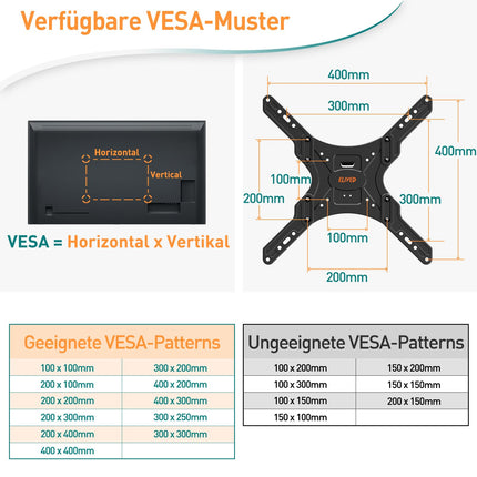 ELIVED pika varrega teleri seinakinnitus enamiku 26–60-tolliste telerite jaoks, nurgale pikendatav telerikinnitus 749 mm, max. VESA 400x400 mm, kandevõime kuni 35 kg, EV3017