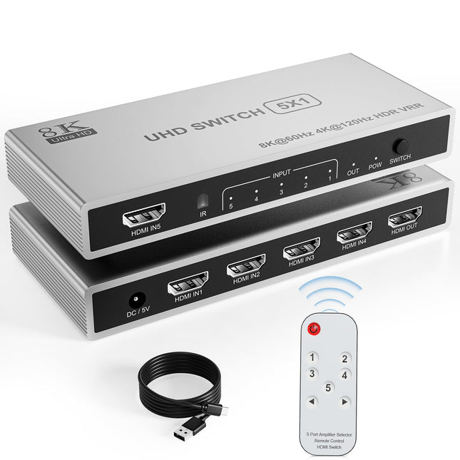 HDMI-lüliti HDMI-jaotur 8K 60Hz/4K 120Hz, alumiiniumist HDMI 2.1 lüliti 5 sisse 1 väljundiga HDMI-jaotur IR-puldiga, HDMI-lüliti toetab 3D HDR10 HDCP2.3 VRR 48Gbps teleri, PS5, Xboxi, Blu-Ray jaoks