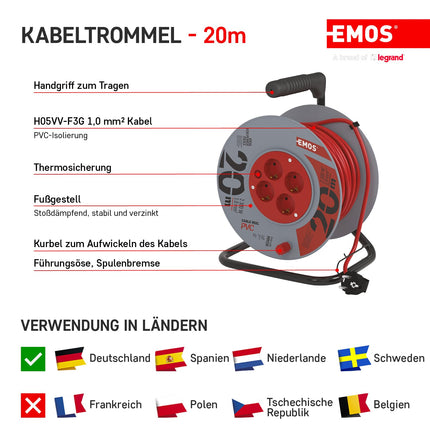 EMOS - Kaablirull 20m - 4 Schuko pistikupesa - 230 V, 10 A, 2300 W - kvaliteetne PVC isolatsioon - H05VV-F3G 1.0 mm² - ülekuumenemiskaitse, rullpidur - IP20 sisekasutuseks