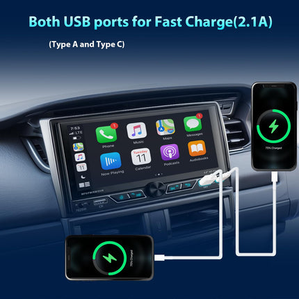 Alondy 2Din autoraadio 6,8-tollise ekraaniga, ühildub [juhtmevaba] Apple CarPlay/Android Autoga, Bluetooth Type-C, USB 2.1A, kiirlaadimine, tahavaatekaamera, AM/FM/RDS raadio, DSP
