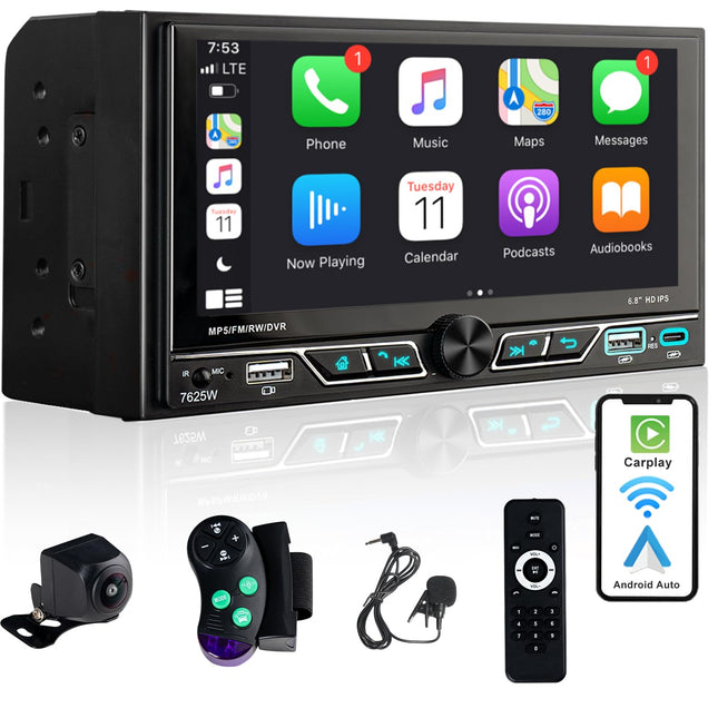 Alondy 2Din autoraadio 6,8-tollise ekraaniga, ühildub [juhtmevaba] Apple CarPlay/Android Autoga, Bluetooth Type-C, USB 2.1A, kiirlaadimine, tahavaatekaamera, AM/FM/RDS raadio, DSP