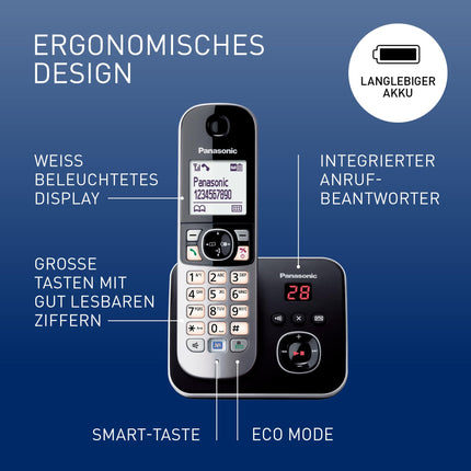 Panasonic KX-TG6824GB DECT juhtmeta telefon automaatvastajaga (4 telefonitoruga telefon, madala kiirgusega, ökorežiim, GAP-telefon, lauatelefon) must