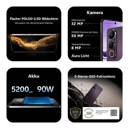 VIVO V50 Lite 5G nutitelefon, 8G+256G, 6,77" 120Hz P-OLED ekraan, 50MP Sony põhikaamera + 8MP ülilainurkkaamera, Aura Light, 5200mAh aku, 400% helitugevus ja kahekordsed stereokõlarid, IP65