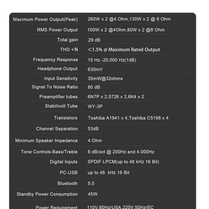 Juson Audio JTA100 200W Vacuum Tube Amplifier Integrated Hybrid With BT 5.0 Optical AUX RCA Phono Input and Headphone Output 2.1CH Class AB HiFi Home Audio for Turntable