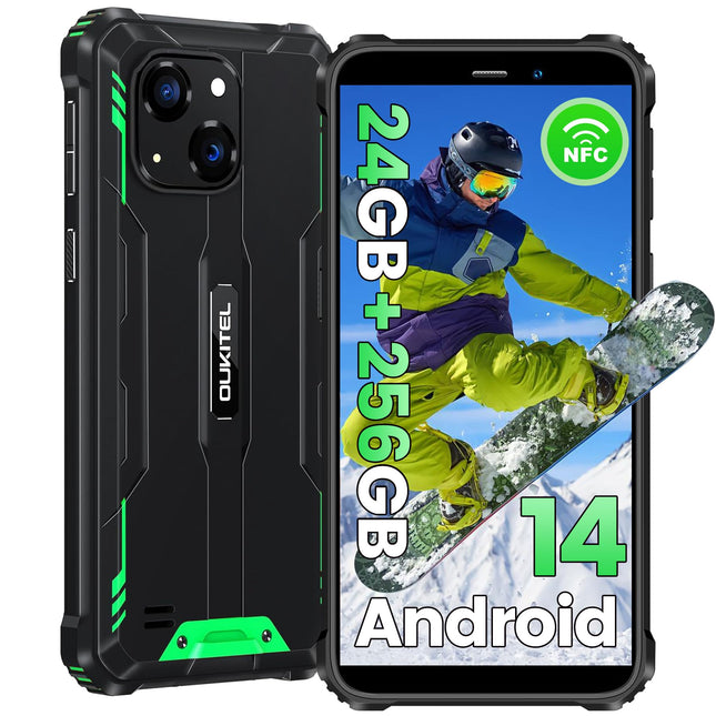 OUKITEL WP32Pro Android 14 Outdoor Smartphone Without Contract, 6" HD+ Octa-Core Cheap Smartphone, 24GB+256GB Smartphone 4G, 6300mAh Battery, IP68 Waterproof, 5+20MP Camera, Dual SIM, OTG - Green