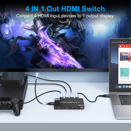 4K HDMI Switch 4 in 1 Out, HDMI Switch with Remote Control, Supports Dolby Vision, Compatible with PS5, Xbox, Apple TV, DVD Player