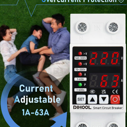 DIHOOL Surge Protector DIN Rail and Undervoltage Protector AC 230V 1-63A Adjustable Current Overload Protection 8.8 KVA Voltage Protection