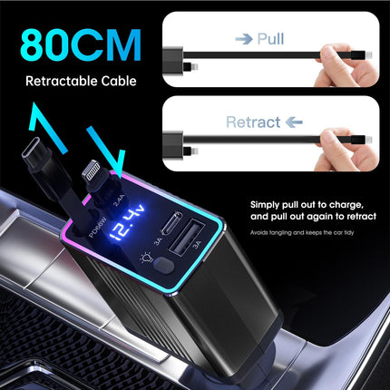 4-in-1 Retractable Car Charger, 120W Car Charger Car Accessory, 12V/24V USB Cigarette Lighter Adapter with iPhone and Type-C Cable, Ultra-Fast Car Charger Compatible with iPhone/Huawei (Black)