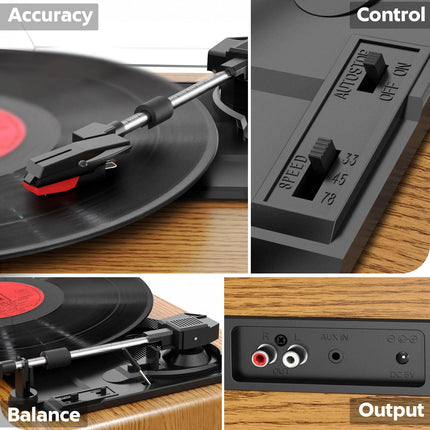 Plaadimängija, FYDEE vinüülplaadimängija Bluetoothiga, plaadimängija, vintage-stiilis plaadimängija sisseehitatud stereokõlariga, 3 kiirust 33/45/78 p/min, RCA väljund, AUX sisend, puiduvärv