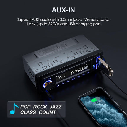 Autoraadio Bluetooth 5.0, Avyleti autoraadio Bluetooth käed-vabad süsteemiga, 7 värvi FM-autoraadio 1 DIN koos 2 USB/AUX/mälukaardi/MP3-mängijaga