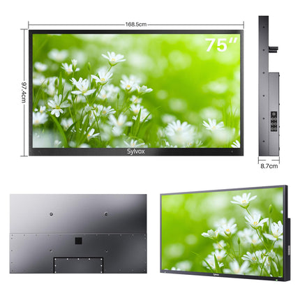 SYLVOX 75-tolline õueteler, IP55 veekindlus, 1000 nitti, 4K UHD HDR10, nutikas Android-teler Dolby Audio, DVB-T2/S2, HBBTV ja Google Assistantiga. Ilmastikukindel televiisor terrassile, aeda ja äripindadele.