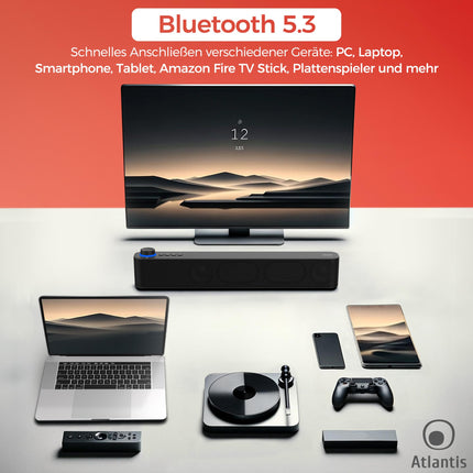 Atlantis Soundbar PC 20W, arvutikõlar, 3,5 mm pesa + Bluetooth 5.3 nutitelefonile, FireTV-le, plaadimängijale, 2400 mhA aku, FM-raadio, arvutikõlar, kaasaskantav, teler, nutitelefon 420x60x74 mm P003-C0820-B