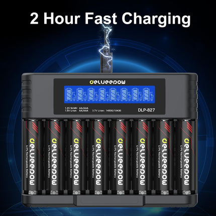Delyeepow AA laetavad akud laadijaga, 3400mWh 1.5V liitiumakud AA, akulaadija LCD-ekraaniga, 8 pesa, kiire USB-laadimine, 1500 tsüklit