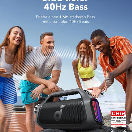 Soundcore Boom 2 Plus Outdoor Speaker, 140W, 2+2 Channel, BassUp 2.0, 20h, Fast Charging, IPX7 Waterproof, RGB Lights, USB-C, Power Bank, BT 5.3, Portable Bluetooth Speaker, Camping