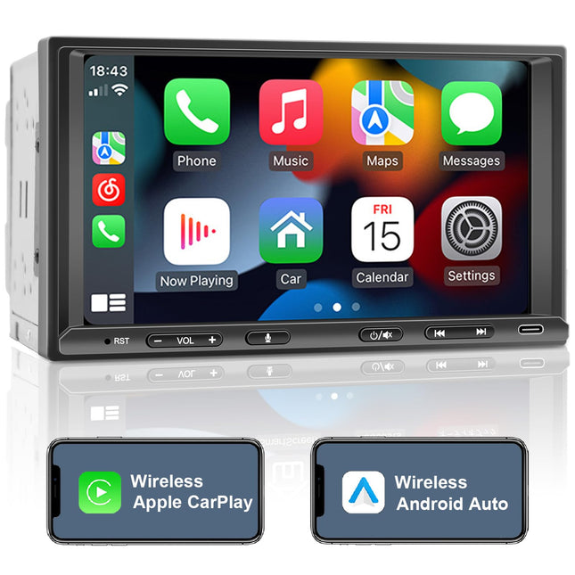 Double Din Android Radio with Wireless CarPlay &amp; Wireless Android Auto, Car Radio with Navigation 7 Inch Screen, Car Radio Touch Display with Bluetooth, AM/FM/RDS, AUX/SWC…
