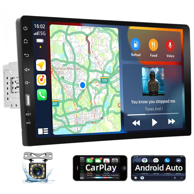 Podofo 1 DIN autoraadio Apple Carplay ja Android Autoga, 9-tolline ühe DIN autoraadio ekraaniga, Bluetoothi/FM-raadio/SWC/peegliühenduse/USB + tahavaatekaamera ja mikrofoniga