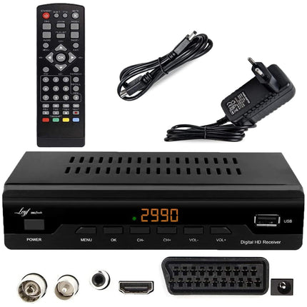 Leyf Echosat 2990 TNT HD Decoder – high-quality decoder – receiver – DVB-T/T2 – digital HD decoder – Full HD 1080p – DVB-T/T2 – TNT HD for TV (HDTV, HDMI, SCART, USB 2.0) + HDMI cable