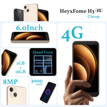 HeyxFome H3 Mobile Phone Without Contract Android 10, 2GB+16GB/256GB SD, Quad Core 6.0 inch, 3000mAh Battery, 8MP+5MP Camera, 4G Dual SIM Smartphone Without Contract Cheap Simlock-Free, GPS, DE (Gold)