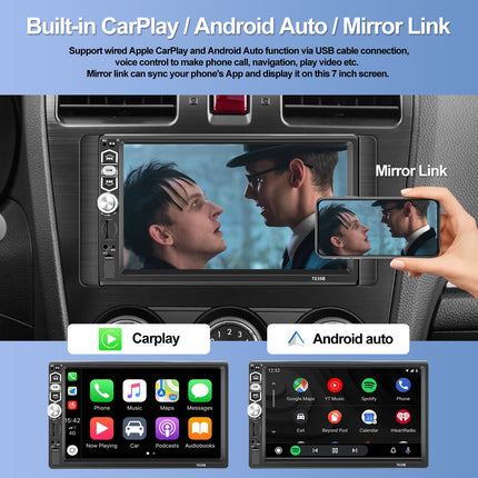 SIXWIN ühe DIN-iga Apple CarPlay Android Auto autoraadio 7-tolline ekraan puutetundliku ekraaniga Bluetooth FM-raadio, peegli lingi/USB/AUX/TF-kaardi sisendiga tahavaatekaamera, mikrofoni ja puldiga