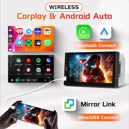 Hodozzy Car Radio 2 Din with Wireless Carplay Android Auto, 7 Inch IPS Touchscreen Double Din Car Radio with Bluetooth, Mirror Link, EQ, SWC, FM Radio, USX, Digital Media Receiver with Rear View Camera