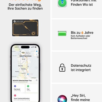 NOVOO Air Tag Card rahakoti jälgimiskaart, mis ühildub Apple Find My (ainult iOS) Bluetooth-jälgija pagasi, võtmeleidja, võtmete, kohvrite, passide nutimärgiste jaoks, 6-aastane aku tööiga