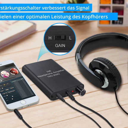 eSynic HiFi kõrvaklapivõimendi 16-300Ω koos HiFi võimenduslülitiga võimendiga 1000mAh laetavatele kõrvaklappidele, audiokaabli ja 1,2m USB-kaabliga nutitelefonidele, sülearvutitele, MP3-CD-mängijatele