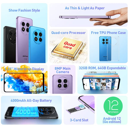 Ulefone Note 15 3G Smartphone without a contract, 3-card slot, Quad Core 5GB+32GB, DUAL-SIM Android 12 mobile phone, 6.22'' HD+, 8MP+5MP camera, 4000mAh battery, Face unlock GPS Blue
