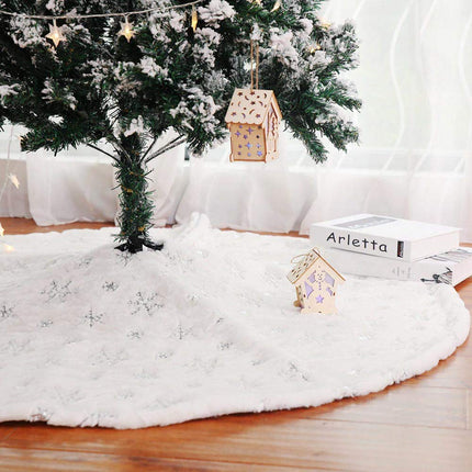 BAKAJI Christmas tree rug, diameter 78 cm, made of soft plush, white, snow effect with snowflake decoration, Christmas decoration (silver)