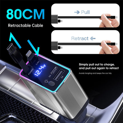 Massway sigaretisüütaja USB-C 120W autolaadija, 4-ühes sissetõmmatav autolaadija mobiiltelefoni kiirlaadija autolaadija, mis ühildub iPhone 16/15/14/13/Samsung S24/S23/Google Pixel9/8-ga (hõbedane)