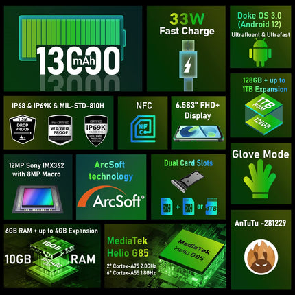 OSCAL S80 lepinguta õuetelefon 13000mAh akuga, Helio G85 6GB+128GB, IP68/IP69K veekindel nutitelefon Android 12, 6,58'' FHD+ ekraan, ArcSoft® 12MP kolmekordne kaamera, GPS NFC tagurpidi laadimine must