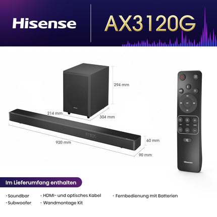Hisense AX3120G 3.1.2 heliriba juhtmevaba subwooferiga, 360W, Dolby Digital Plus, Dolby Atmos, Bluetooth, HDMI eARC/optiline/AUX/USB, must (2024)