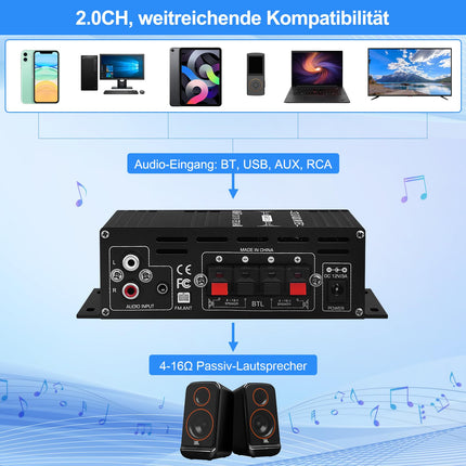 HiFi Stereo Amplifier Receiver for Home Speakers, AK-390 Bluetooth 5.0 Mini Audio Amp 2.0 Channel RMS 40W x 2 Audio Component Amplifier with 12V/5A Adapter, FM Radio, (BT, USB, AUX, Mic) Input