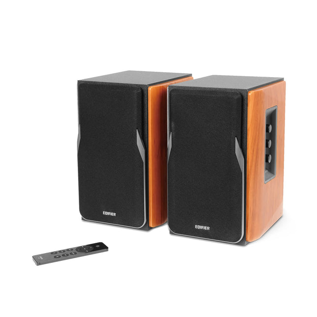 EDIFIER Studio R1380DB 2.0 riiulikõlarisüsteem, 42 vatti, Bluetooth 5.1-ga. Infrapuna-kaugjuhtimispult ja külgmised juhtnupud bassi, kõrgete helitugevuse ja muude helitugevuse jaoks. Ideaalne teleri, arvuti, nutitelefoni jms jaoks, pruun