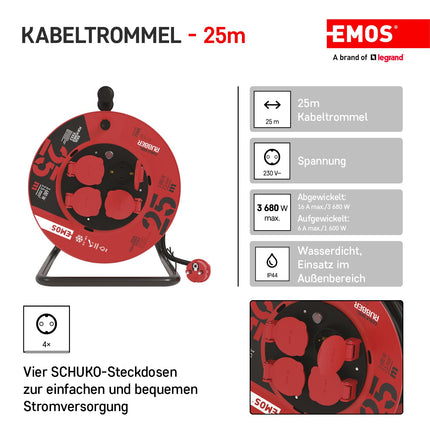 EMOS - Kaablirull 25m - 4 Schuko pistikupesa - veekindel, löögikindel, kuuma- ja külmakindel - 230V, 16A, 3680W - kummist isolatsioon - H05RR-F3G 2.5 mm² - IP44 välistingimustes kasutamiseks