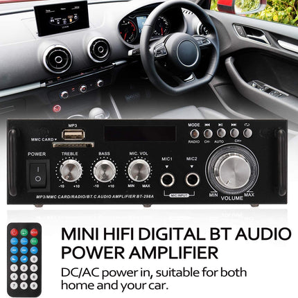 Etlephe Mini Amplifier, HIFI Amplifier, Bluetooth 5.0 Stereo Audio, 12 V 220 V 600 W, 2 Channels, LCD Display, High Fidelity, Portable FM Radio, SD/USB Card Input, for Home or Car