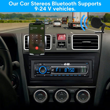 RDS Car Radio Bluetooth for 9-24V, FM/AM 1Din With Hands-Free System, 7 Colors, 2 USB/MP3 Player/AUX/SD/Independent Clock, 30 Stations Stored