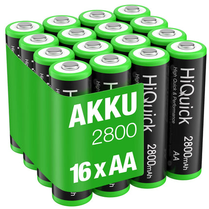 HiQuick Mignon AA patarei, 2800mAh 16 tükki suure mahutavusega, Ni-MH laetavad AA patareid, madala isetühjenemisega AA patareid, 1,2 V AA patareid