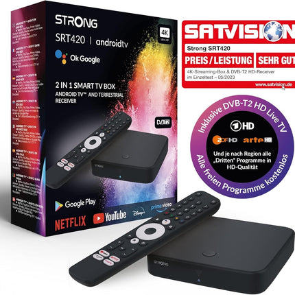 STRONG - Android TV 4K UHD voogedastusboks - SRT 423 - sisseehitatud Chromecast - DVB-T2 ja kaabelvastuvõtja - hääljuhtimine - Dolby Vision Atmos - Google Play, Netflix, Prime Video, Disney+ - must