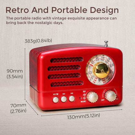 PRUNUS J-160 AM/FM/SW retroraadio Bluetoothiga, väike nostalgiaraadio 1800mAh akuga, väike köögiraadio, transistorraadio, toetab USB/TF/Aux funktsiooni. (Punane)