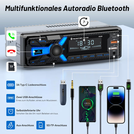 RDS autoraadio Bluetooth, Wistrue autoraadio C-tüüpi laadimispordiga, FM/AM 1DIN raadio Bluetooth-käed-vabad süsteemiga, MP3-mängija/2 USB/AUX/SD