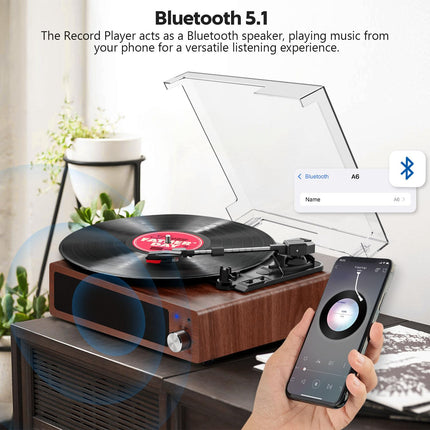 Record Player, FYDEE Vinyl Record Player Bluetooth Record Player Vintage Turntable with Built-in Stereo Speaker and 3-Speed ​​33/45/78 RPM, RCA Output, AUX Input - Walnut