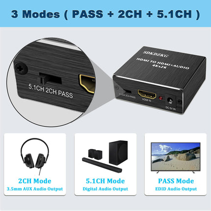 SDDKDZKG 4K x 2K HDMI heliekstraktori jaotur, HDMI-HDMI heli ja optiline TOSLINK SPDIF helimuunduri adapter 3,5 mm stereoheli jaoturiga, must SDK-A78