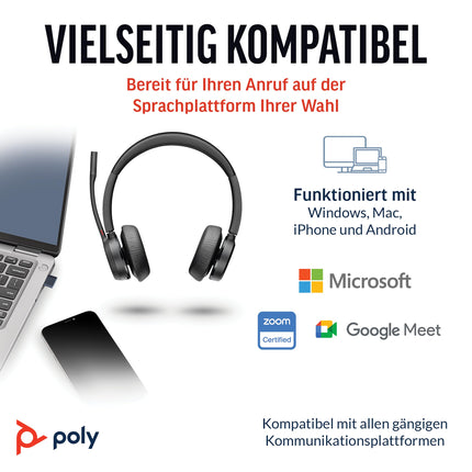 Poly Voyager 4320 UC juhtmevabad peakomplektid ja laadimisalus – stereokõrvaklapid mürasummutava mikrofonivarrega – ühendub arvuti/Maci/mobiiltelefoniga Bluetoothi ​​kaudu – ühildub Teamsi, Zoomi ja muuga