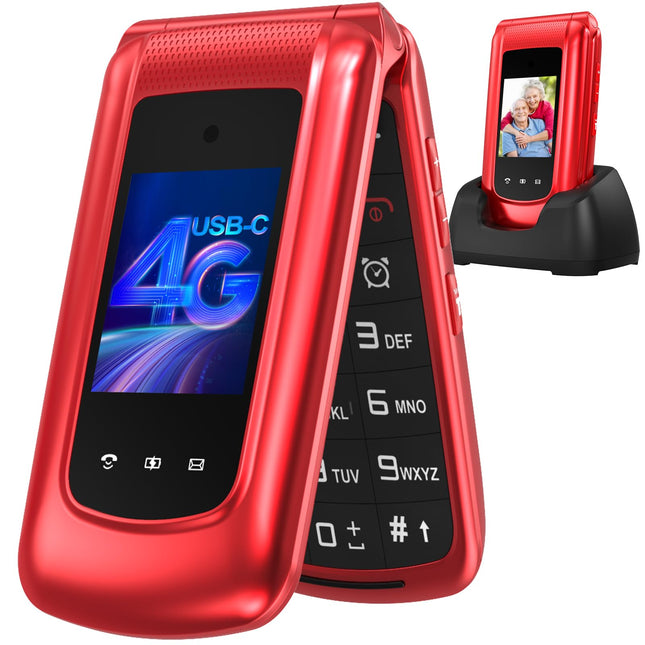 4G Flip Phone for Seniors with Large Buttons, Dual-SIM Flip Mobile Phone with Charging Cradle | SOS Emergency Call Function | Speed ​​Dial | Flashlight | FM Radio | 2.4+1.77 Inch Dual Color Display | Red