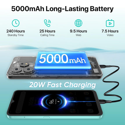 UMIDIGI A15 nutitelefon ilma lepinguta (2023), Android 13 NFC mobiiltelefon 16GB (8GB+8GB)+256GB (kuni 1TB), 64MP+16MP, 6,7" HD+ ekraan, 5000mAh+20W kiirlaadimine, 4G kahe SIM-kaardiga lukustamata mobiiltelefonid - valge