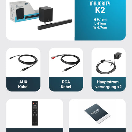 Majority K2 kõlaririba, võimas, juhtmevaba, 150W, ruumilise heliga, subwoofer, Bluetooth, HDMI Arc (CEC), suur kaugjuhtimispult, AUX, USB, FM-raadio, optiline sisend, RCA-kaabel (must)