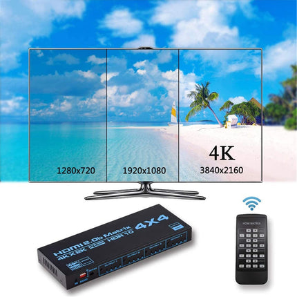 Maatriksi valik, 4 x 4, Matrix 4K, HDMI, 4 sisendit, 4 väljundit, Matrix HDMI 2.0 porti, 4 x 4, toetab 4K @ 60 Hz, 4K Dolby Vision HDR HDCP 2.2, kaugjuhtimispuldi tugi