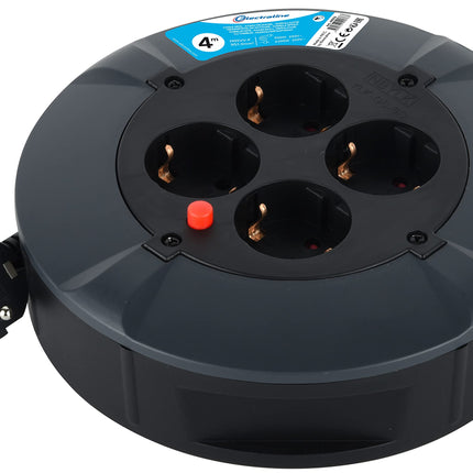 Electraline 49076, Kaablirull 4-suunaline 4M kaabel IP20 Siseruumidesse/Kaablirull 4 Schuko pistikupesaga/Kaablikarp pikenduskaabliga/Kaablirull vändaga, must