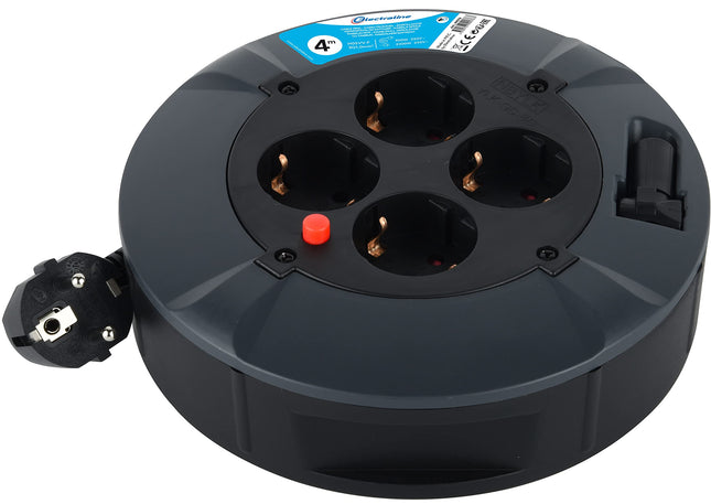 Electraline 49076, Kaablirull 4-suunaline 4M kaabel IP20 Siseruumidesse/Kaablirull 4 Schuko pistikupesaga/Kaablikarp pikenduskaabliga/Kaablirull vändaga, must